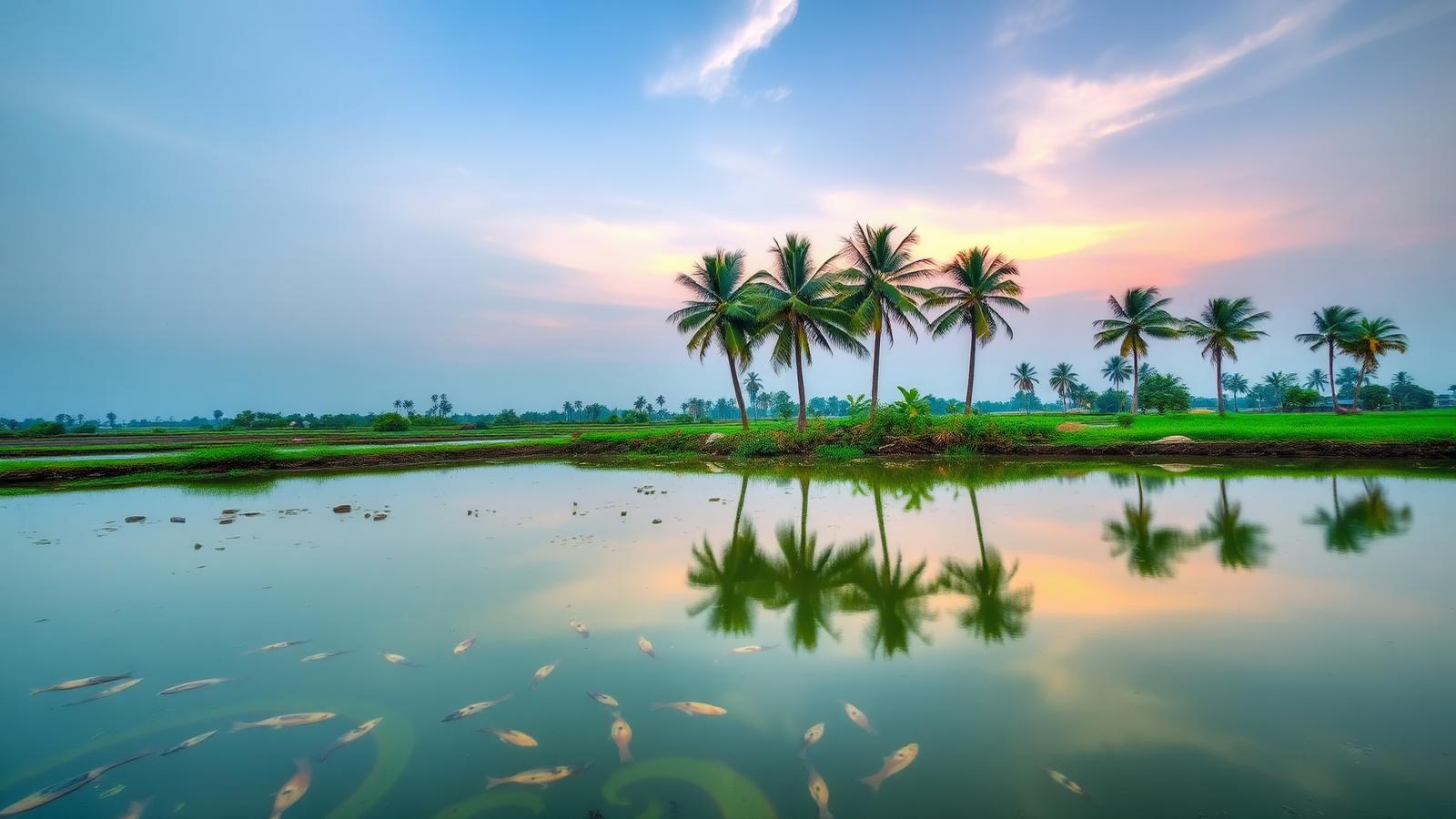 Freshwater fish pond at dusk