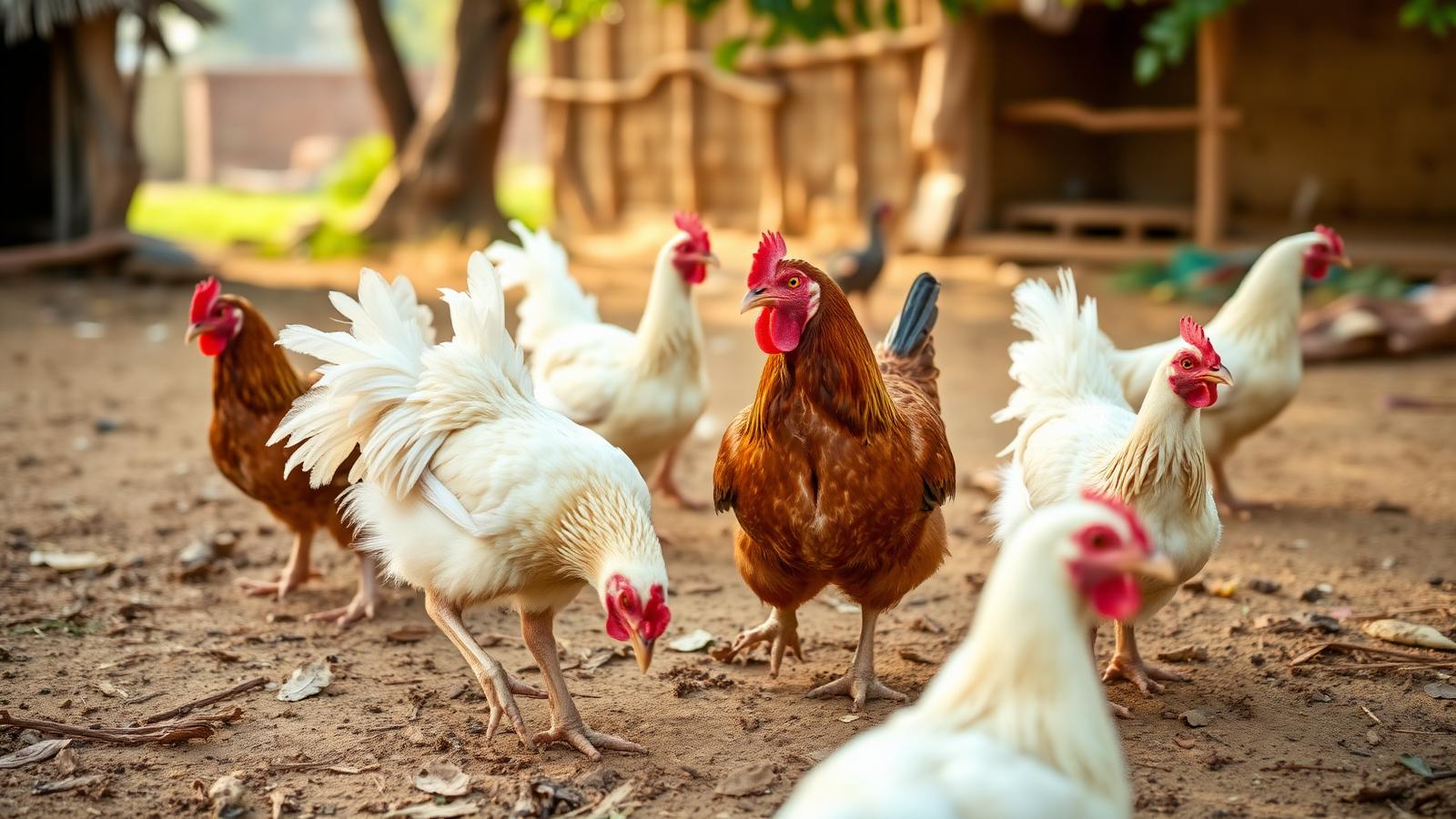 Free-range country chickens in the farmyard
