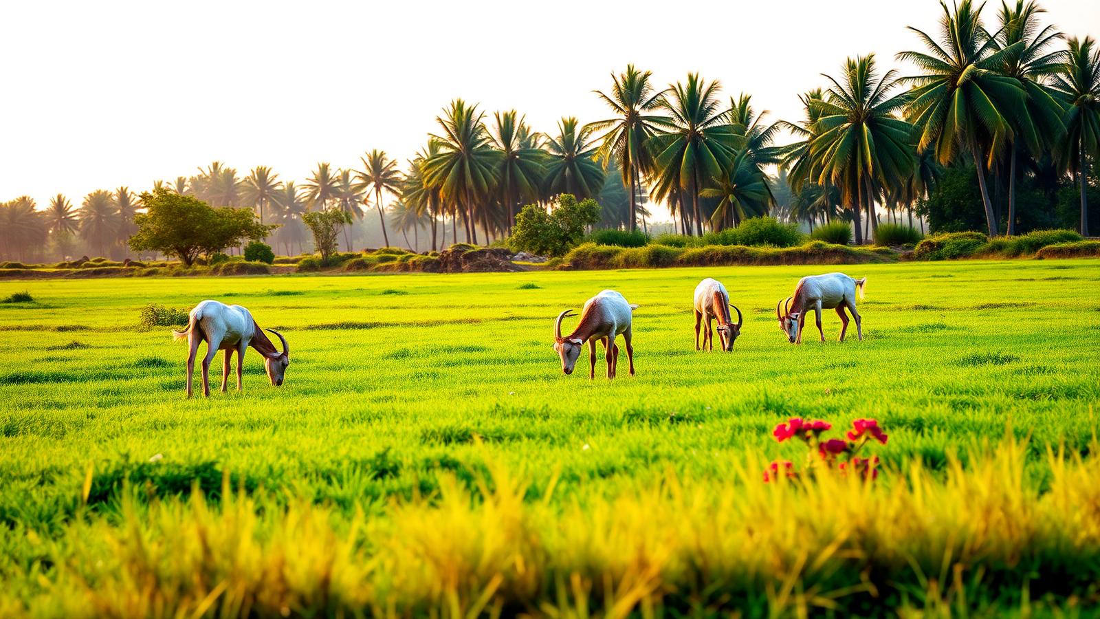 Goats grazing on the pasture at sunrise