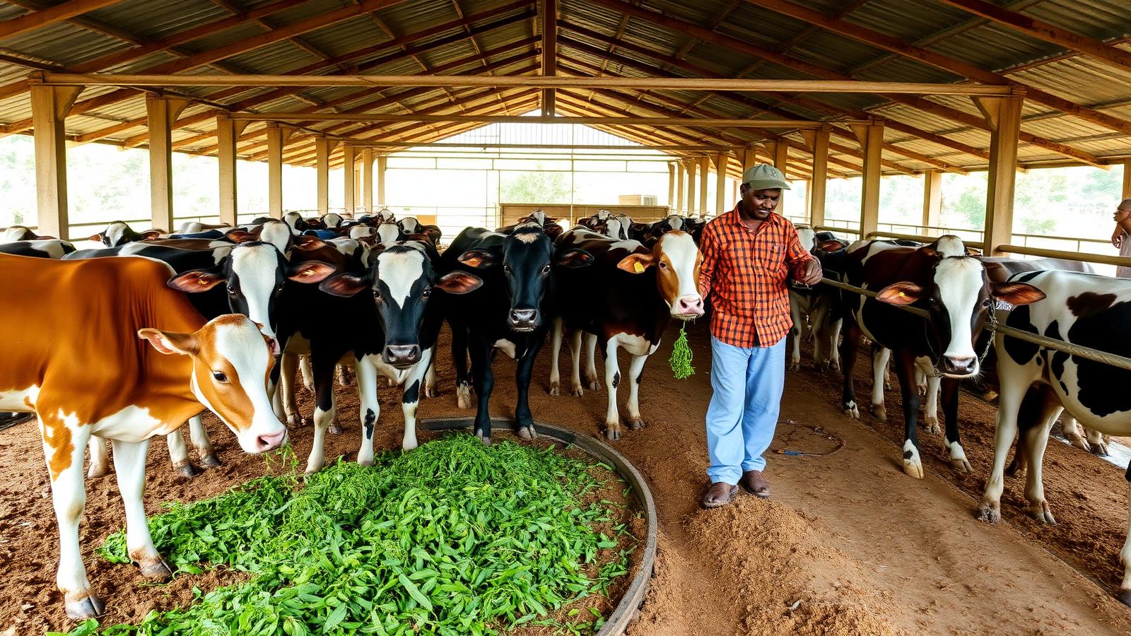 Cattle shed with cows being fed green fodder