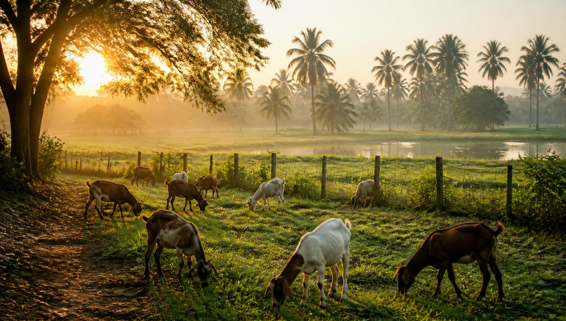 Goats grazing at sunrise on the Moonlight Integrated Farm pasture
